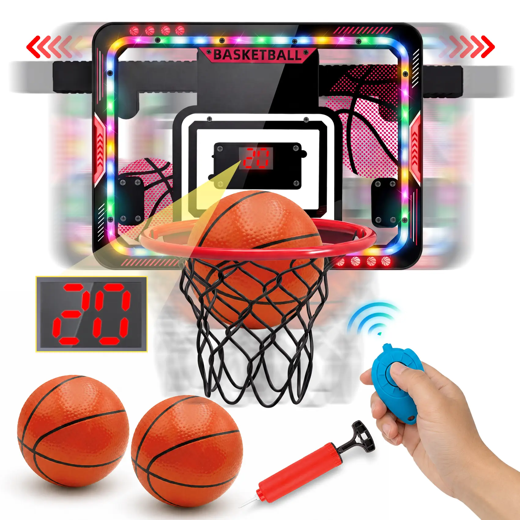 VATOS Indoor Moving Basketball Hoop for Kids, Over The Door Basketball Hoop with LED Light/Scoreboard/Balls, Remote Control Basketball Toy Fun Game Gift for Boys Girls Kids 6-12, Teens & Families backtoschool