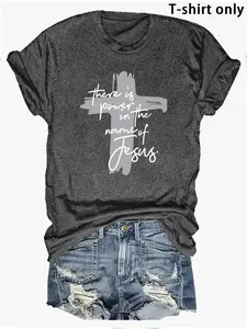 Women's Letter & Cross Print Round Neck Tee, Casual Short Sleeve Crew Neck T-Shirt for Daily Wear, Ladies Clothes for All Seasons