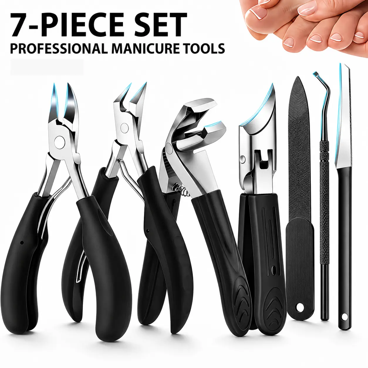 7PCS Professional Stainless Steel Toenail Clipper Set - Heavy-Duty Wide Jaw Trim Clip Removal Nail Tools for Thick, Ingrown Nails, Manicure-Pedicure Kit for Seniors
