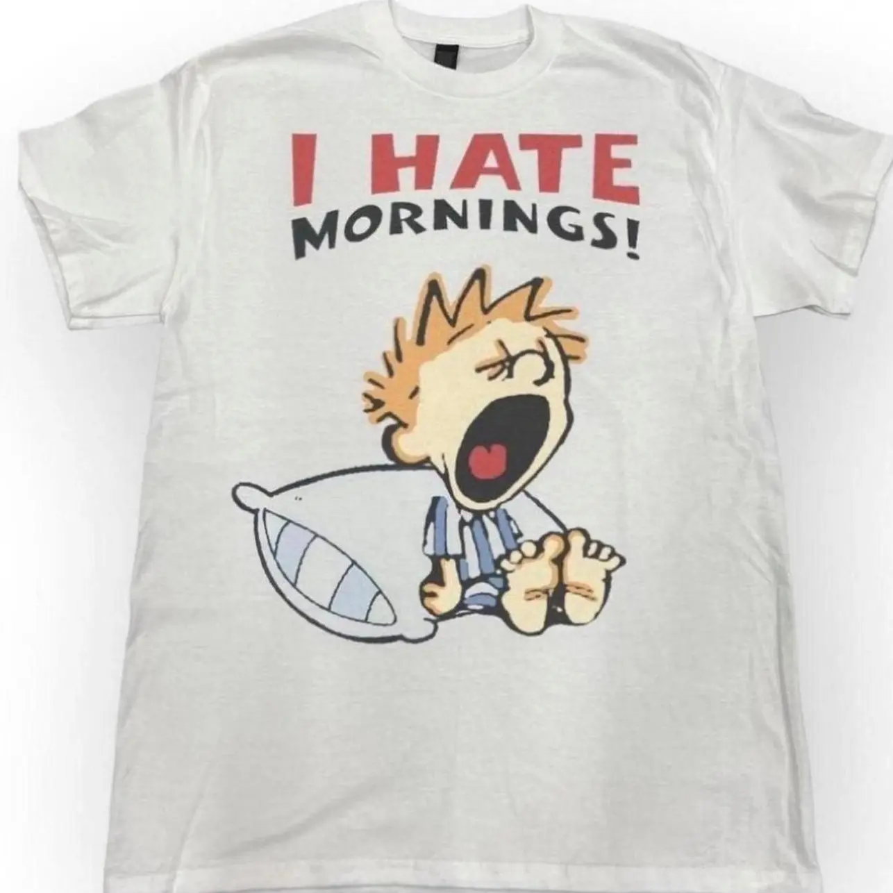 Vintage Style Calvin I Hate Mornings Funny Graphic Tshirt, Fashion Cotton, Full Colors, Full Sizes, For Men, For Women