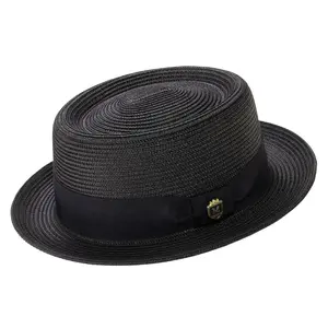 Black Pork Pie Straw Hat Short Brim with Grosgrain Band by Montique