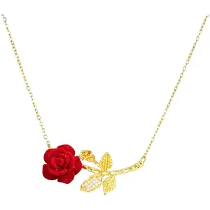 Elegant Red Rose Pendant Necklace with Gold Chain and Leaf Detail for Women's Fashion Jewelry