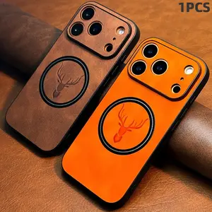 Phone Case Casing: Luxury Retro Faux Sheepskin Magnetic Wireless Charging Phone Case for iPhone 17 Pro Max Air 16 Pro Max 15 Pro Max 14 13 12 11 Pro Max Plus IP 17Promax Soft Bumper Deer Head Pattern Shockproof Camera Protection Cover