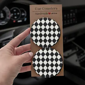 Checkerboard Car Coasters, 2/4 Pieces Rhombus Clown Print, Classic Retro Aesthetic, Non-Slip Absorbent, 6.8 Cm Round