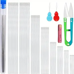 34 pcs bead needles center opening curved bead needles Set with straight beaded needles needle threader ferrule Bendable Needle