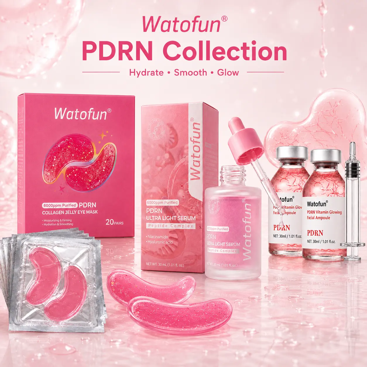 [NEW] Watofun PDRN 3-Step Glow Skincare Set, Collagen Jelly Eye Masks + Ultra-Light Peptide Serum + Vitamin Glowing Facial Ampoule, Hydrating Face & Under-Eye Care, 20 Pairs