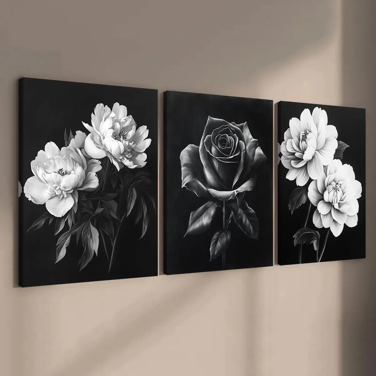 Flower Pattern Rose Print Canvas Painting, 3 Counts Modern Wooden Wall Art Painting, Modern Floral Paintings, Wall Art Decor for Home Living Room Bedroom Office, Ornaments, Decorative Artwork, Art Work For Wall Decor