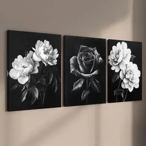Flower Pattern Rose Print Canvas Painting, 3 Counts Modern Wooden Wall Art Painting, Modern Floral Paintings, Wall Art Decor for Home Living Room Bedroom Office, Ornaments