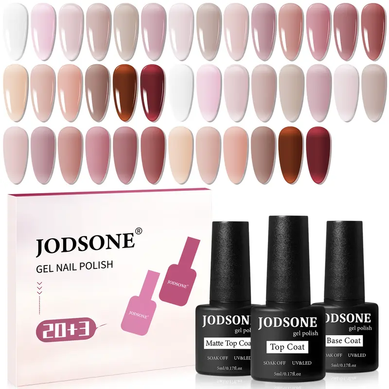 JODSONE 23PCS Multi-Pack Gel Nail Polish Set - 20 Translucent Jelly Colors, Nail Care, Glossy, Durable, Unisex Adult Manicure, Ideal for DIY Projects & Salon Use