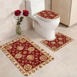 3pc Vintage Red Boho Minimalist Faux-Cashmere 100% Polyester BATH MAT COMBO: lid sleeve+foot U-pad+anti-slip square rug, toilet light absorb light slip-safe, fold-hook dry-fast ethnic vibe