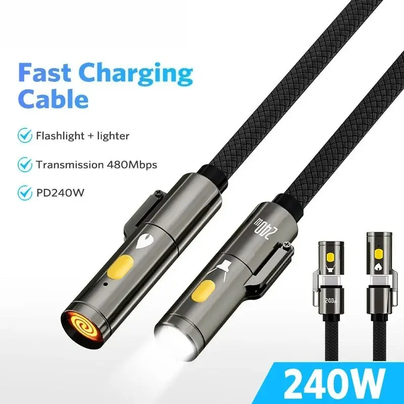 240w Fast Charging Cable Type C To Type C Flashlight Multifunctional with Lighter & LED Braided USB C Cable For all Phone