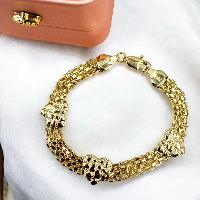 18K Gold Plated Nugget and Heart Bracelet with Secure Lobster Clasp 8.5cm Length 11g Weight Elegant Durable Romantic Touch Perfect for Gifting