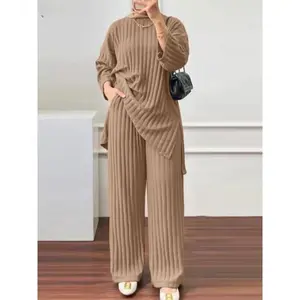 2025LongSleeveBlouseWideLegPantsSetsWomenMatchingSetsSolidIslamicClothingMuslimTracksuitOutifits2PCS