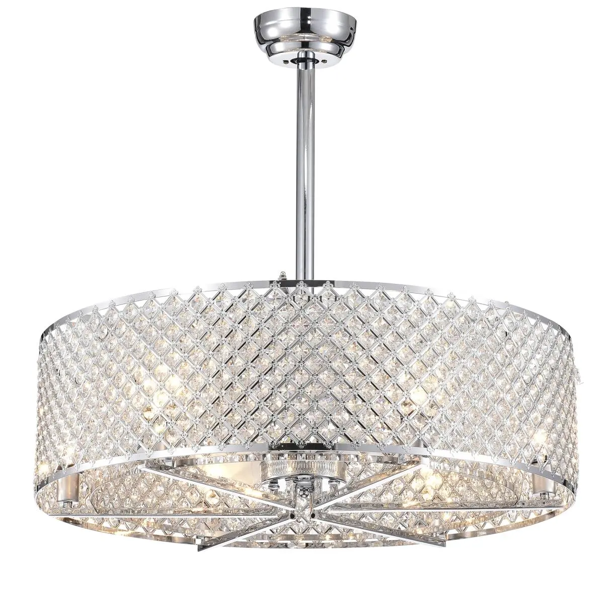 212 MAIN Miyaka Lighted Crystal Chandelier Ceiling Fan - 6-Lights, 3-Blades, Silver Chrome Finish, 10.2 in. Short Rod, 23x31.5 in. Size, 29.1 in. Height, Double Drum Design, ETL Listed, Remote Control Included, Ceiling Mount (Model CFL-8235REMO-CH)