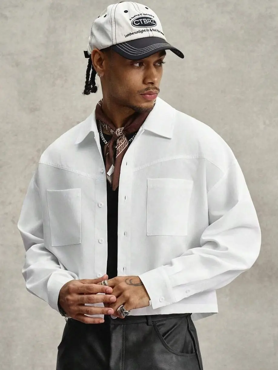 Streetwear clothing - Men's White Patchwork Long Sleeve Shirt, Boxy Fit Button Down Casual Top for Autumn Streetwear trending clothes trending clothing summer clothing summer outfits male clothing vacation outfits streetwear summer men clothes Menswear