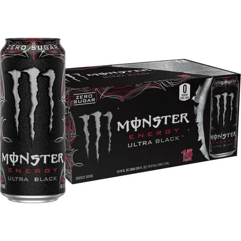 Monster Energy Ultra Black, Sugar Free Energy Drink, 16 Ounce (Pack of 15)