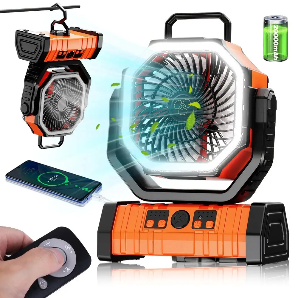 Portable Fans Camping Fan Rechargeable with LED Lantern, 20000mAh Battery Powered Travel Fan with 1-8 Hour Timing Function, 270° Head Rotation, 4 Spee