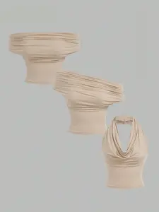 1Pcs women's fashionable new sexy top, women's multi wear method pleated off shoulder top, pocket collar hanging neck vest, elastic top, 3 wearing methods XS-L