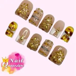 Nail Queendom [AMBER DREAM] Handcrafted 3D Press-On Nails Reusable Long Lasting Salon Quality Easy Application 10 Pieces Set Eco-Friendly 3D-gel Finish