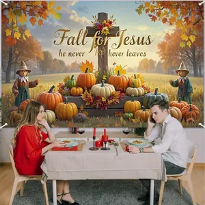 1pc 2D Flat Fall for Jesus Banner Backdrop - Polyester Fabric, Rustic Floral Cross with Scarecrows & Autumn Pumpkins Design, Thanksgiving Decor for Church, Home, Garden - No Electricity Needed, White Flower