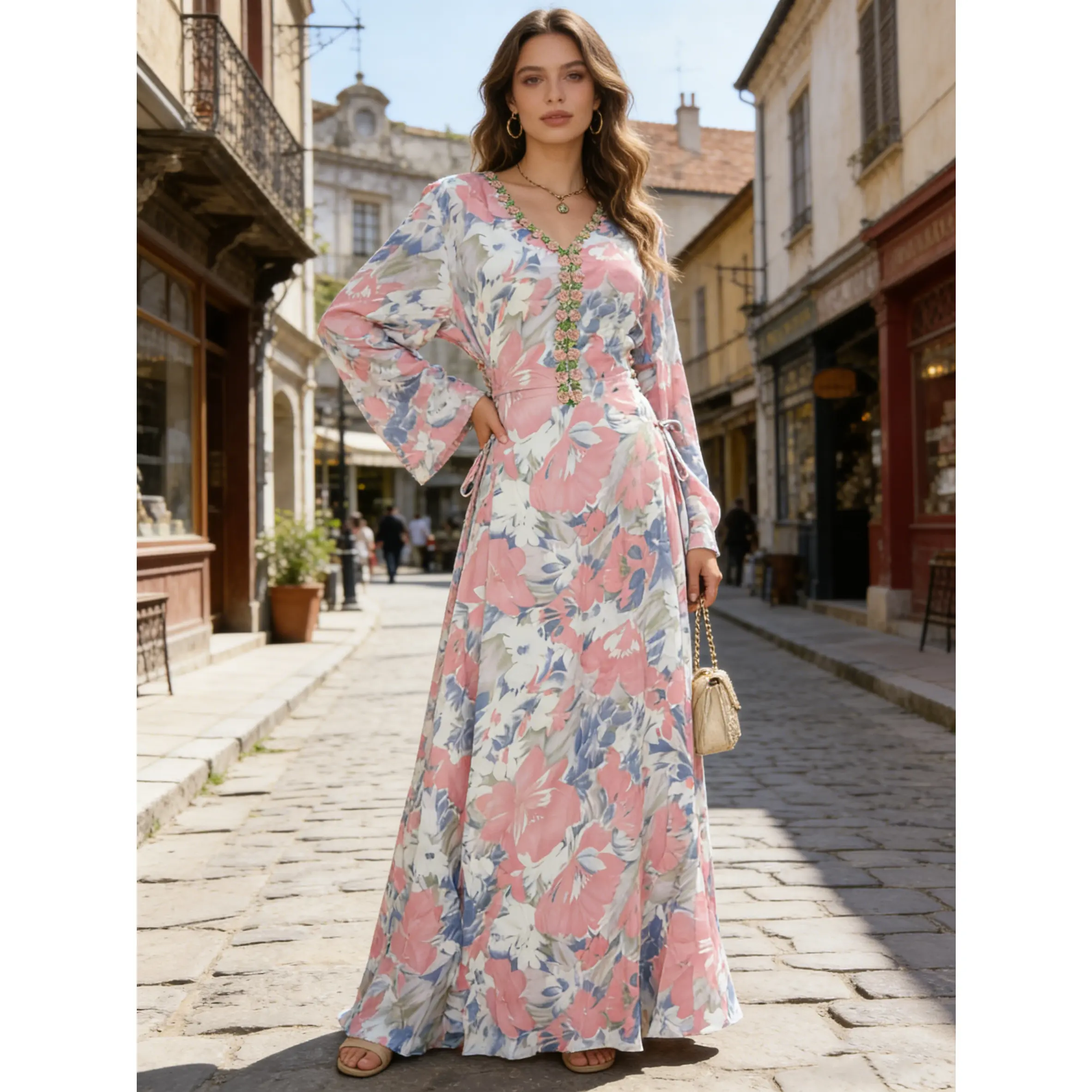 Women's Soft Drape Blush Pink Floral Boho Maxi Dress - Long Sleeve, Polyester Fabric, V-Neck, Flowy Fit, Adjustable Side-Tie, Breathable, Cute Boho Style Outfit - S-XL, Ideal for Spring Vacation, Garden Weddings, Casual Wear, Hippie Style, Adjustable Wais