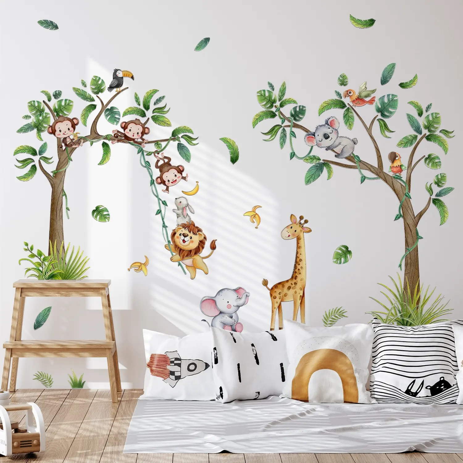 A set (30*90cm*2pcs) of tropical jungle animal Decorative wall stickers for decorating home, living room, entrance, corridor, bedroom, and bathroom background walls. Self-adhesive. MG16003