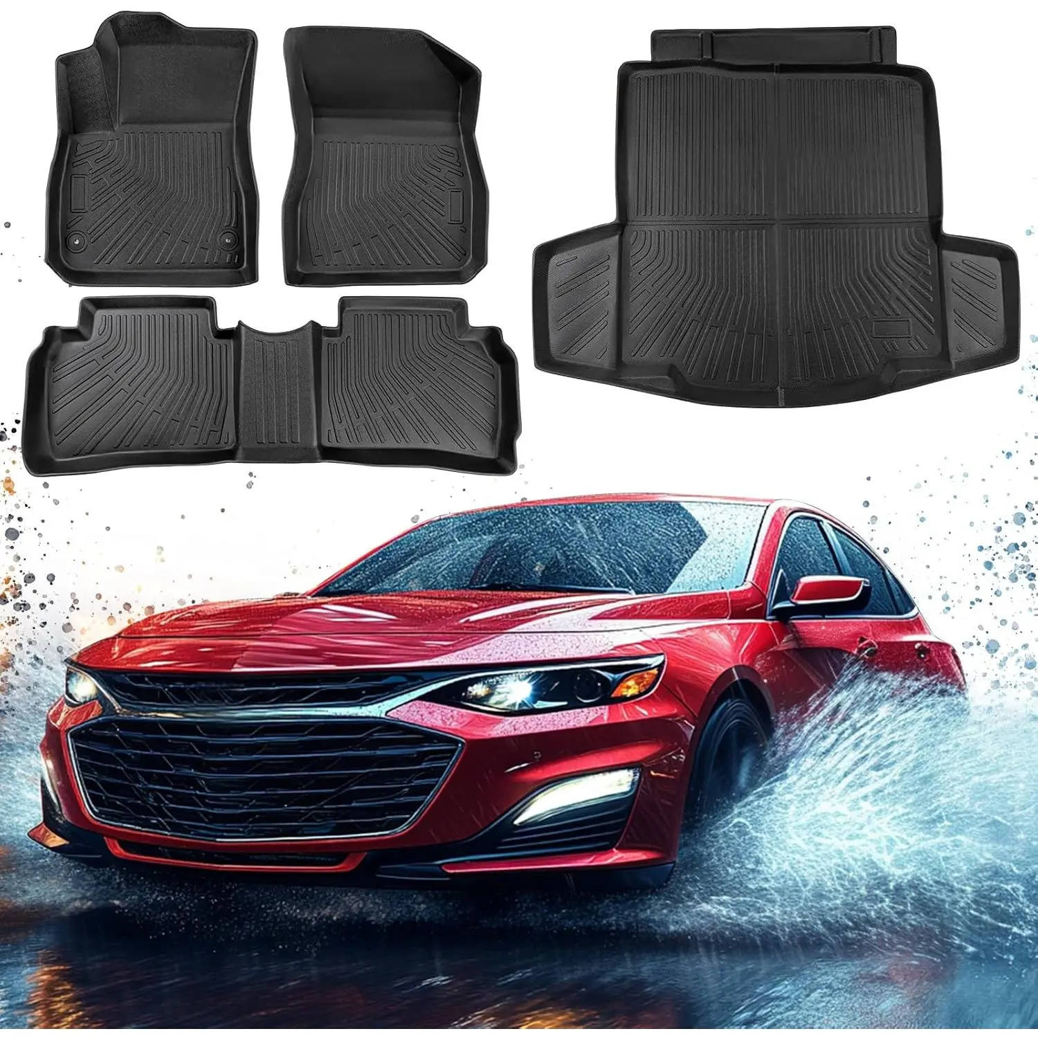Custom Fit Full-Coverage All-Weather TPE Car Floor Mats for Chevy Malibu 2016-2025, Easy-to-Clean Synthetic Automotive Accessories for Road Trips, All Seasons Year-Round Use (Set of 4)