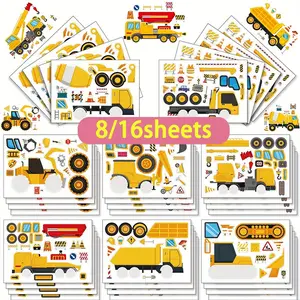 8/16pcs Construction Vehicle Puzzle Stickers Excavator Crane Crane Mixer Truck Stickers DIY Dress Up Stickers Crafts Holiday Party Gift Bag Fillers Stickers Book Birthday Gifts Rewards