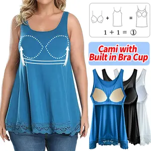 Plus Size Women's Cami with Built in Bra Cup Casual Flowy Swing Pleated Tank Tops Sleeveless Backless Camisole S-4XL