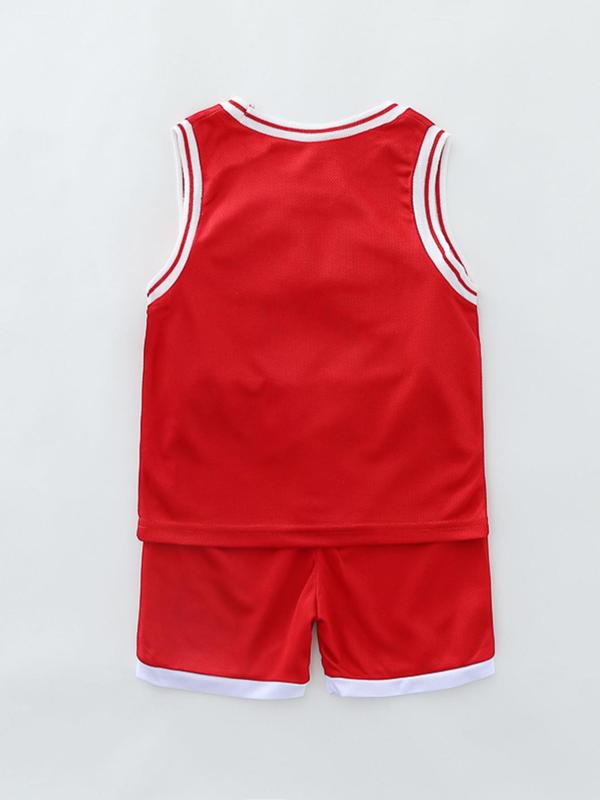 Two-Piece Set Boy's Basketball Jersey Set, Contrast Binding Sleeveless Basketball Vest & Shorts, Summer Clothes for Kids Outdoor Sports