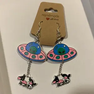 Alien Invasion Earrings - Colorful Alien Design with Cow Character, Handmade with Love, Unique Earring Style
