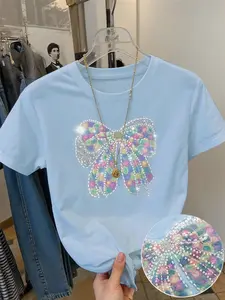 Women's Light Blue Bubble Bead Bow Embroidered Versatile Short Sleeve T-Shirt, Fitted, Shiny Sweet Style, Soft Breathable, Casual Daily Wear Aesthetics, Lady Top