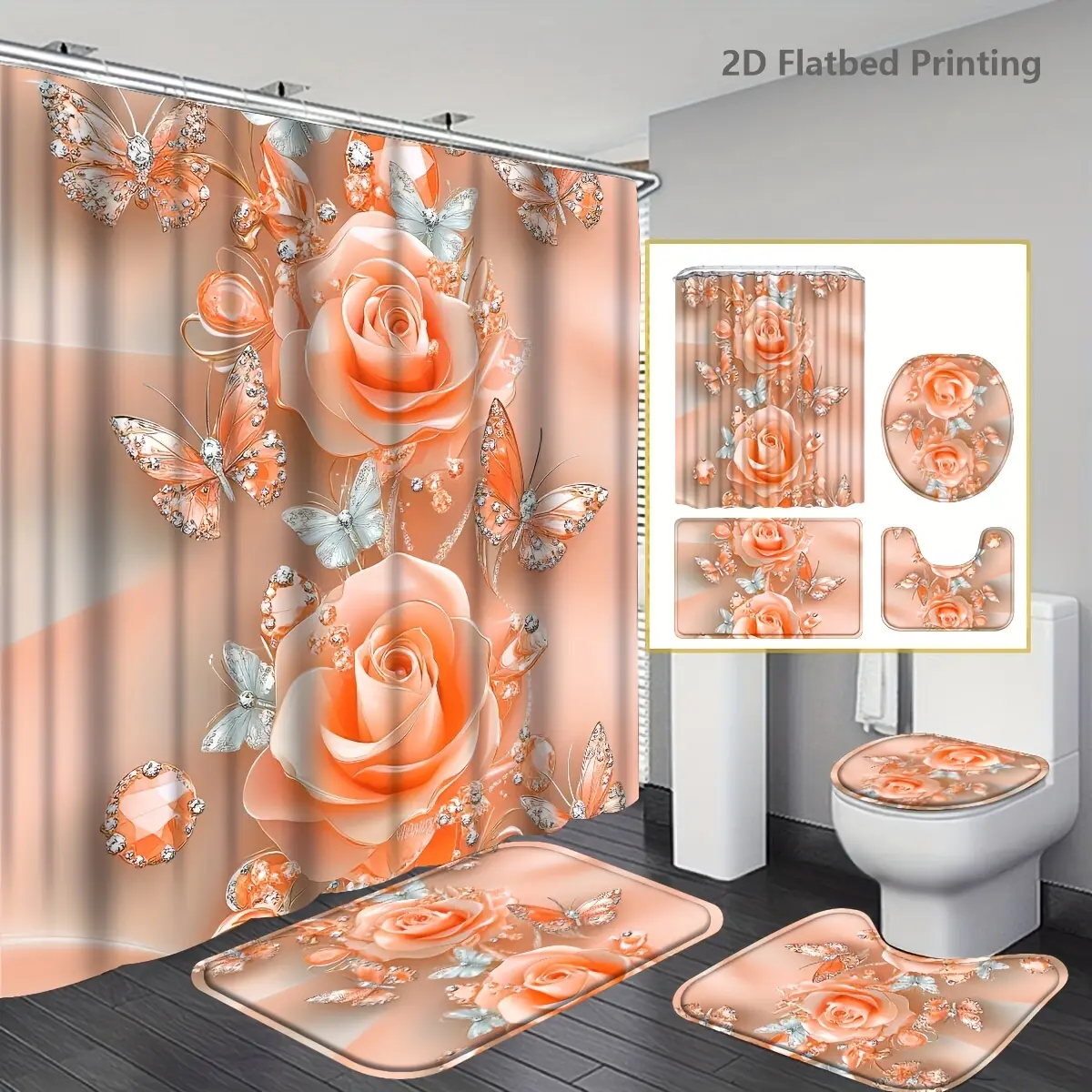 4pcs 2D Flower Shower Curtain Bathroom Sets, Fashion Shower Curtain Sets with Rug, Abstract Modern Shower Curtain Set, with 12 Hook, Bath Mat, U-shaped Bath Mat And Toilet Seat Cover, Bathroom Home Decor And Accessories, 2D Flat Printing, 2D Flat