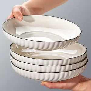 Set of 4 Ceramic Dinner Plates, 7/8 Inch Round Stylish Plates, Versatile Kitchen Tableware for Spaghetti Salad Dessert Sushi, Durable Table Accessories