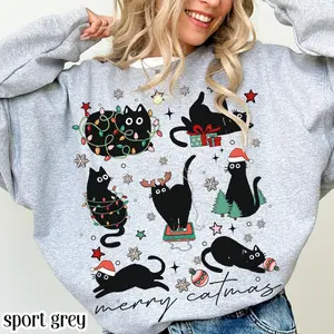 Christmas Cat Sweatshirt Catmas Meow Christmas Tree Light Its Fine Holiday Sweater Funny Kitty Black Cat Xmas Crewneck Festive Kitten Gift
