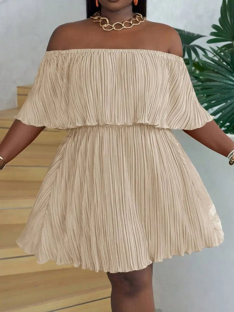 Plus Size Off-Shoulder Green Dress | Pleated Elegant Fabric | Loose Ruffled Neckline Dress
