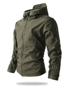 1pc Sharkskin Outdoor Work Jacket Multi-Pocket Soft Shell Hooded Fleece Coat, Casual Sports Hiking Cycling Climbing Rock Climbing Camping Hunting Fishing Jacket for Men Autumn Winter Outwear Without Accessories