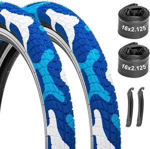 Bike Tires 16x2.125/20x2.125 2-Pack with Tubes & Levers - Compatible with Kids Bike, BMX, MTB, Mountain Bicycle - Camo Design, Thick Rubber, Puncture Resistant, Replacement Tires & Inner Tubes