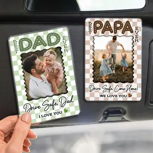 Custom Best Dad Ever Photo Car Sun Visor Clip Drive Safe Gift From Kids Personalized Clear Acrylic Picture Auto Ornament For Dad Papa Grandpa Retro Green Checkerboard Aesthetic Fathers Day Gift Car Interior Accessory