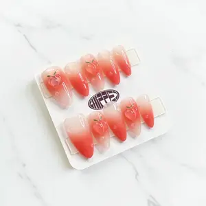 Say Peach Again NFC Nails Microchip Chipped Press On Nails Social Sharing Acrylic Gel Peach Orange Almond Nails with App Pairing Feature