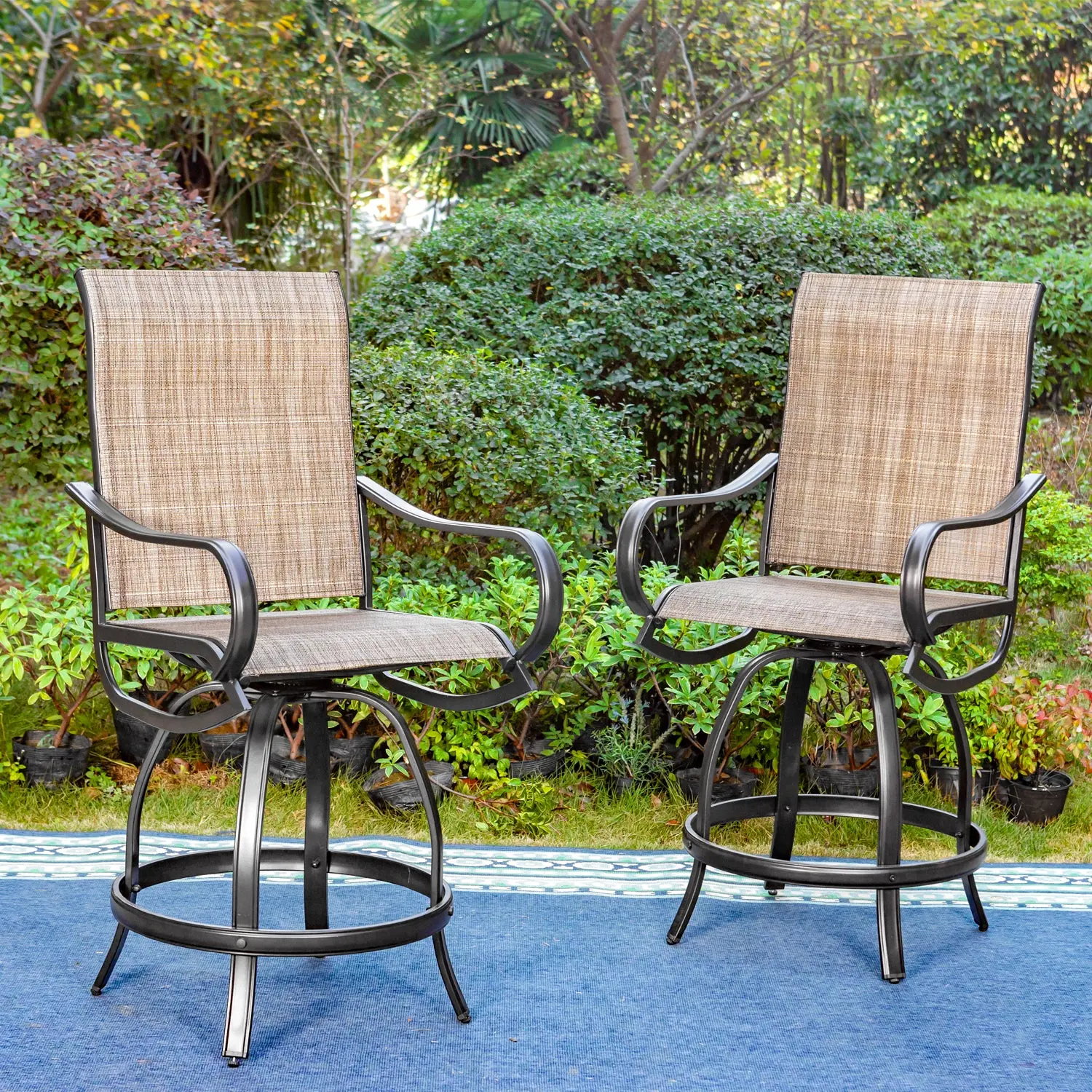 PHIVILLA Swivel Outdoor Bar Stools Set of 2 with High Back and Armrest, All-Weather Patio Furniture, Brown Color Chairs Round