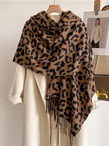 Autumn Winter Fashion Elegant Leopard Print, Soft Thick Warm Boho Style Shawl for Parties Daily Wear, Fitted Style