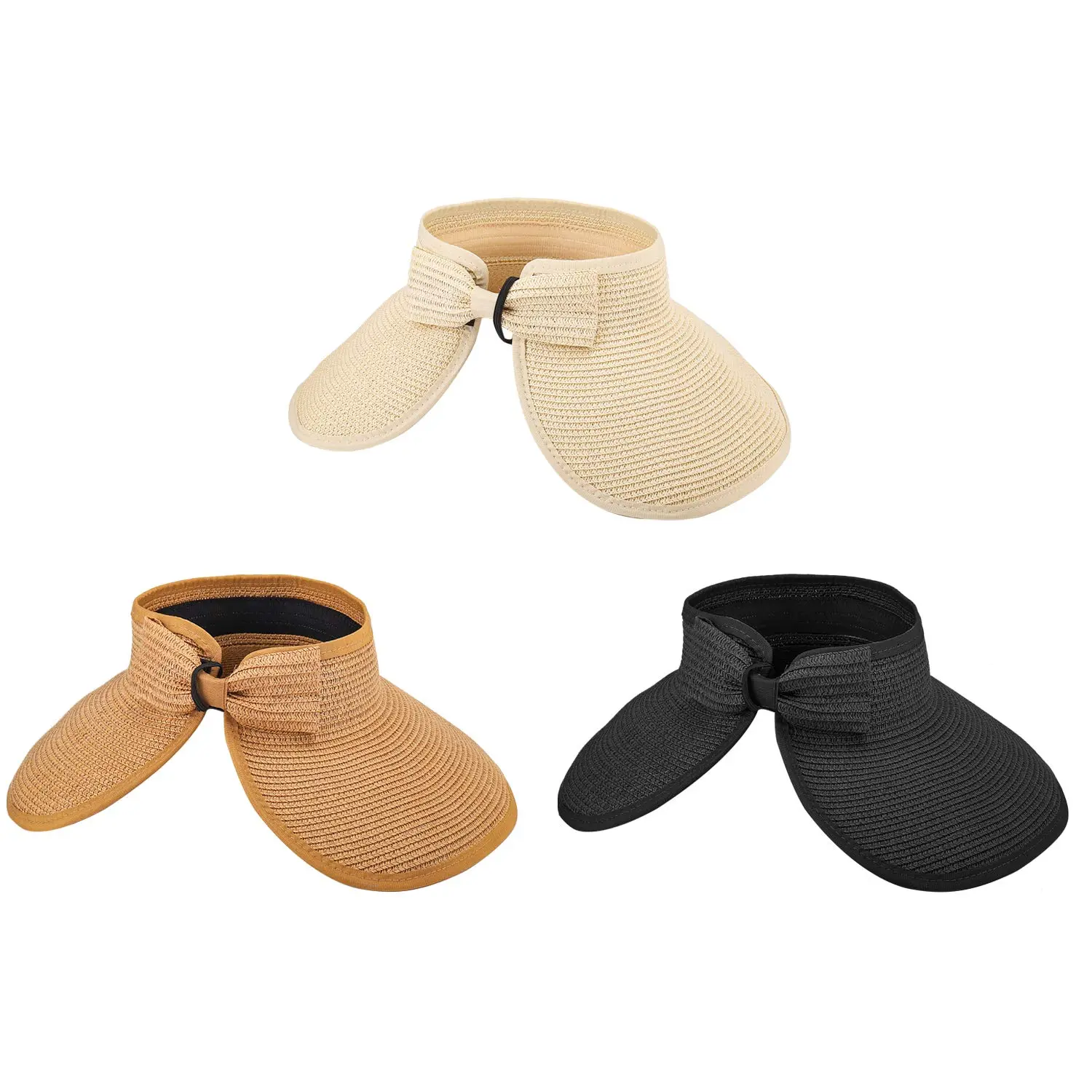 Set of 3 Women Foldable Straw Sun Visors, Wide Brim Ponytail Hole Summer Hat, Packable Empty Top Beach Cap for Travel, Outdoor & Gardening