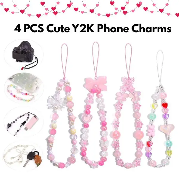 4 PCS Cute Y2K Phone Charms – Aesthetic Beaded Cellphone Accessories, Bear, Bow, Butterfly, Heart, Star, Flower Wrist Straps, Pink Anti-Theft Chain for Bag, Keychain, AirPods Decor