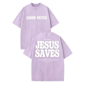 1pc Men's 230GSM Heavyweight Cotton T-Shirt - Double-Sided Water-Washed Vintage Streetwear Tee with Jesus Saves & Romans 10:9 Print, All-Season Round Neck Casual Top, Machine Washable Holiday Gift, Casual Attire, Retro Style, Comf