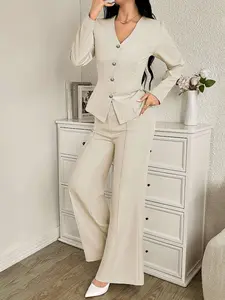 Two piece women's beige V-neck waist cinched fitted suit set with long and wide leg pants, suitable for all seasons, suitable for home, indoor, and outdoor wear Outfit