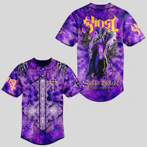 Ghost Band SkelTour World Tour 2025 Baseball Jersey – Purple Tie Dye Gothic Rock Metal Shirt – Skeleton Cross & Demon Design – Dark Alternative Streetwear for Concerts & Fans