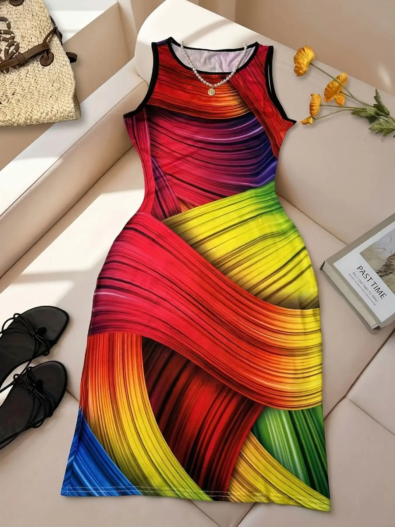 Casual Sleeveless Round Neck Rainbow Printed Dress, Boho Bohemian Casual Dresses, Slim Fit Mid-Length Tee, Fashionable Party Wear, Summer, All Seasons, Womenswear, No Ca Prop 65 Warning