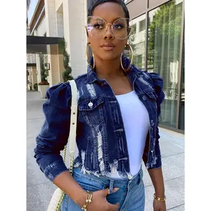 Women Ripped Long Puff Sleeve Button Down Outdoor Activities High Quality Jean Coats For Women S-XXL Women's Oversized Women's Elegant Jacket Outerwear jackets  for