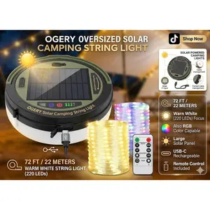 Solar Camping String Lights, 5400mAh 49.2Ft Retractable LED String Lights, Solar & Battery Powered, Waterproof Emergency Outdoor Lights